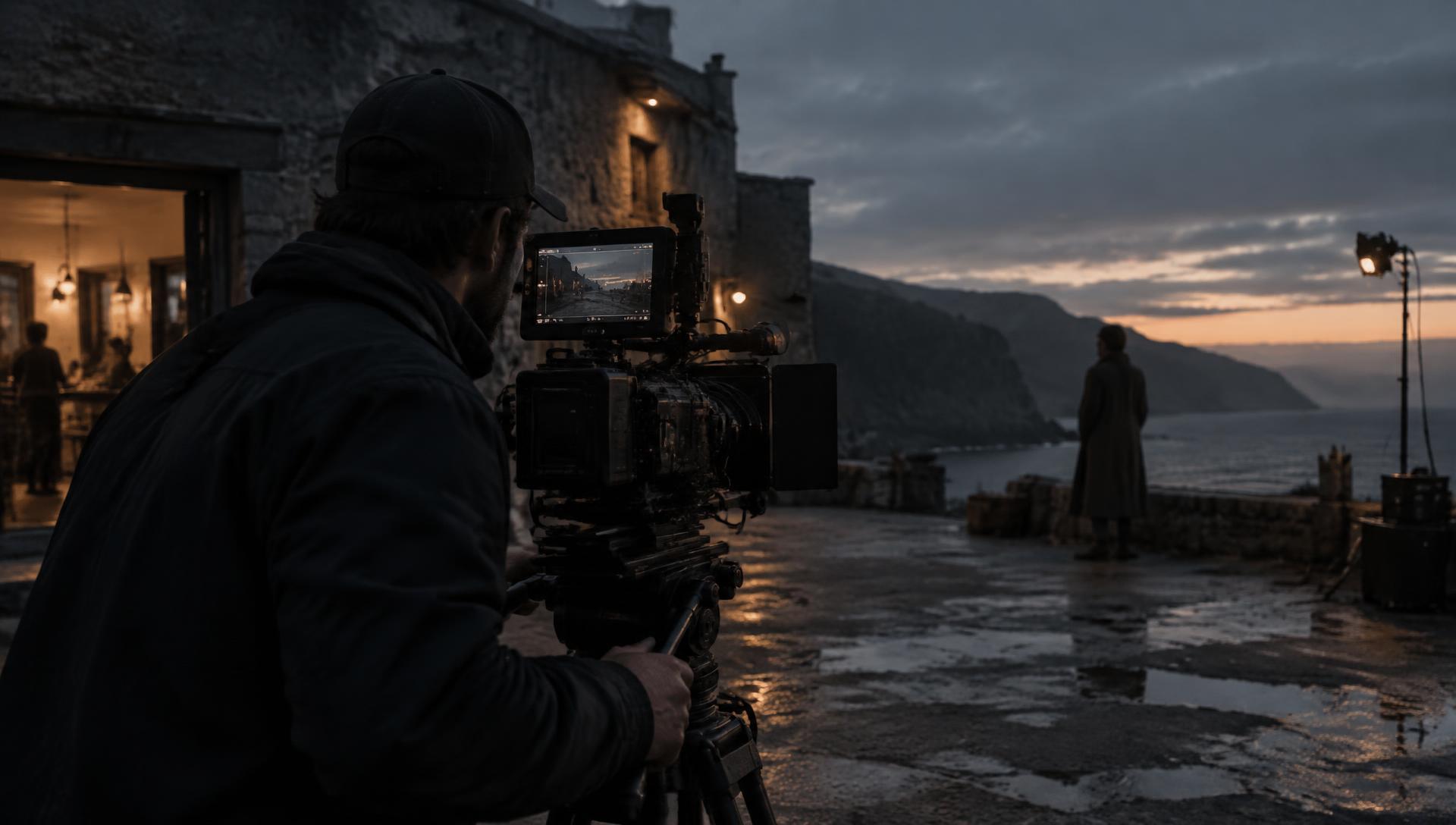 Filmset mit Kamera an einer Küste in der Abenddämmerung